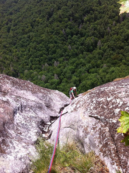 Johanna finishing up the last pitch of Groover, Laurel Knob, NC.