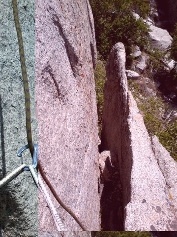 The flake behind which the climb begins.