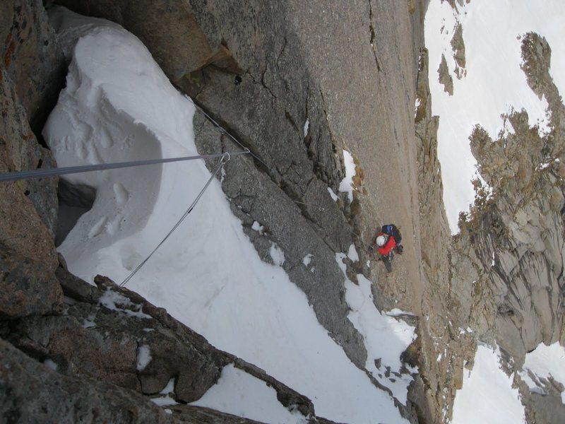 Following the 'mushroom' pitch on an early season ascent of The Casual Route. Photo by Andy Grauch, 6-18-11.