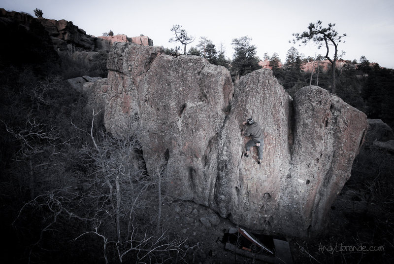 Rambo on the highball Plate Triangle Face with the sun quickly fading. <br>
<br>
April 15th, 2011. <br>
<br>
http://andylibrande.com/news/2011/05/castlewood-canyon-spring-climbing/