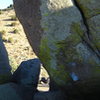 The Murray Highball climbs the portion of rock  without lichen. Access via the low start can made through the chalked cobble visible in the lower portion of the photo 