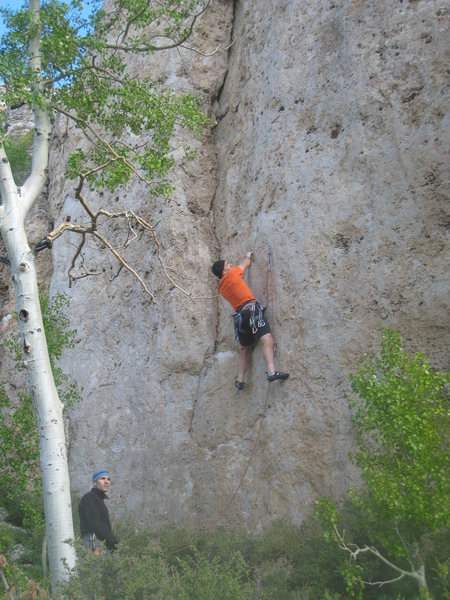 Just above the low crux of Devil Wears Latex, 5.10c.