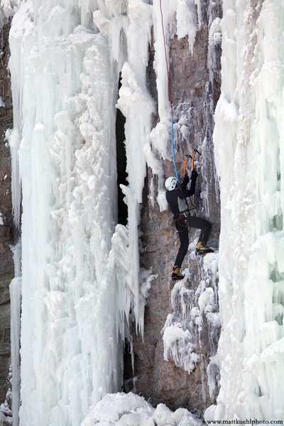 Ellen Guller works the mixed routes. Ice Fest 2011. Photo Matt Kuehl