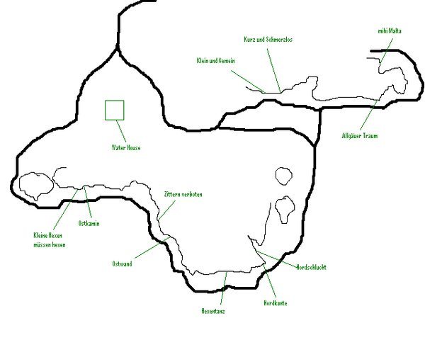 A VERY rough sketch of how the Hexenküche is laid out from above, along with some of the routes for reference. I drew this from memory, so don't expect every nook and cranny to be in the right place. As you can see, there are some boulders here. The fat line is the path and the thin line is the rock. For the most part, the rock faces downward, and North is down.