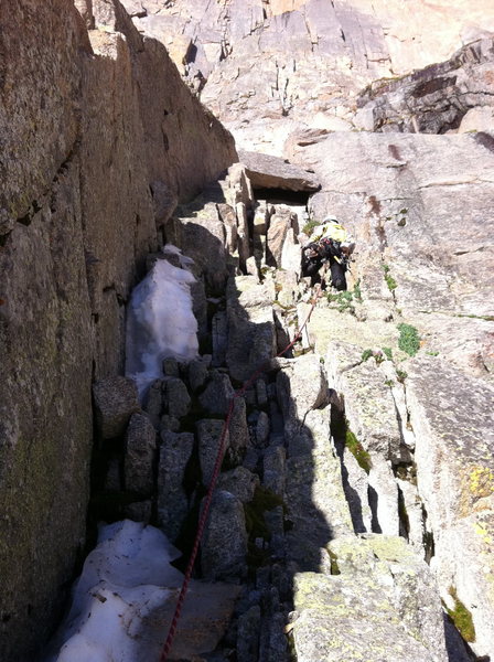 Looking up the top section of the North Chimney. Just above where the snow ends.
