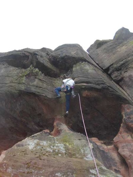 Passing the first overhang on big buckets (Flake Crack is visible top right)