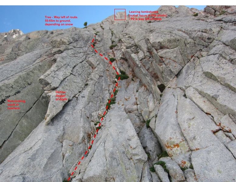 A photo taken at the base of the route, showing a few notable features to get your bearings. Don't worry, it looks a lot better than this once you get beyond the first 40 feet.