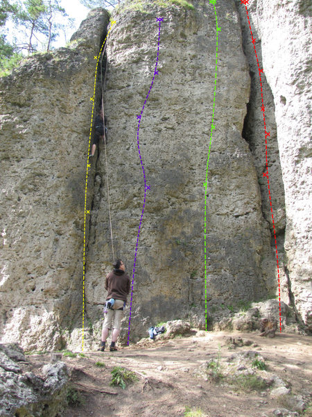 The yellow route is R 3, blue is Boulderwandl, green is Annelore, and red is Zwischenfall. <br>
Photo by Shawn Heath