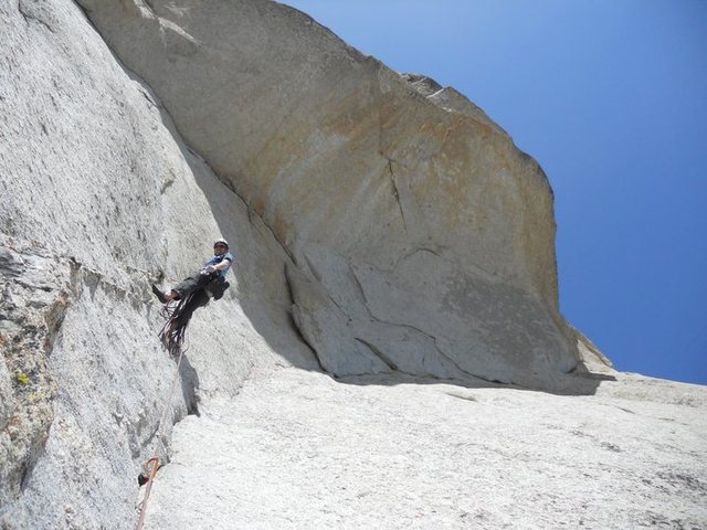 2nd pitch belay. 3rd pitch traverses under big roof