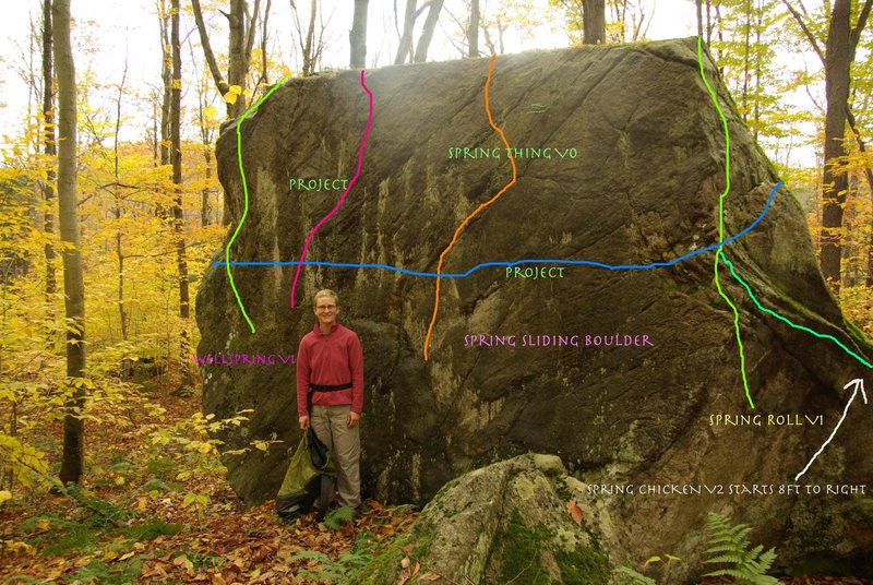 White arrow to light green route on right. Route starts 6 feet to the right of the edge of the picture.