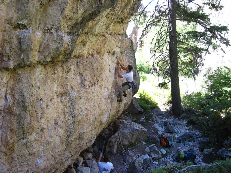 Lower 2/3 of The Barnum Route. The crux is right off the deck and the second boulder problem is the bulge whose bottom half is at the top of this photo.