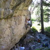 Lower 2/3 of The Barnum Route.  The crux is right off the deck and the second boulder problem is the bulge whose bottom half is at the top of this photo.