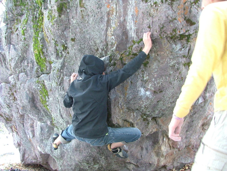 Caden Bloxham working the traverse in the winter.