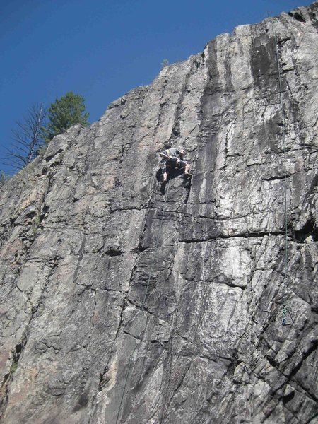 Shunt self-belay on the left climb, A.J.'s (10a); nice laybacking and crimps. Thanks for the great anchors!
