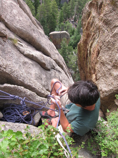 Robby at the belay he settled on about 180 ft. up the first pitch. The second pitch ended up being about 100 ft. or less.