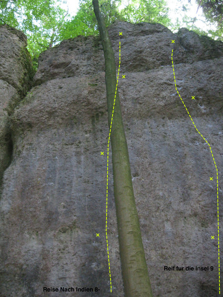 Next crag to the right bordered on the left by a big mossy crack with two routes on the face.