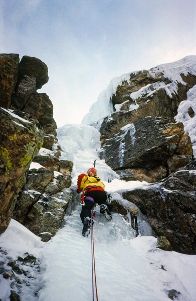 Brian Childress on the first ascent of Dismas. The second pitch curtain can be seen above.