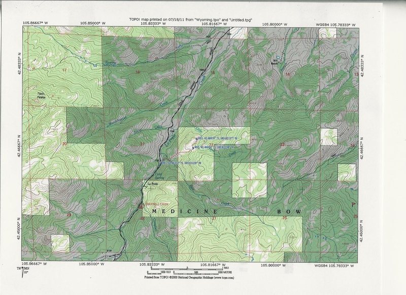 Topographic Map of the Region around the Little Bear Rocks in the vicinity of Campbell Creek Campground. The GPS numbers on the map are 001 trail head parking flat, 002 Saddle on trail to Little Bear Gulch Rocks, and 003 is Pika Pinnacle.