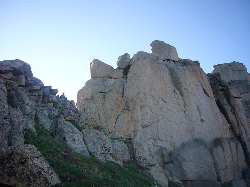 Base of Index tower complex. Notice ledge with #3 hand crack accessing upper sections.