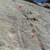 The two bolts on Arch Rock Direct -- picture taken from the anchors of the Middle Dihedral route.  Above the 2nd bolt, it is very runout, but on very easy rock.  The next protection is about a #1 Camalot in the crack under the lip of the overlap at the top right of the photo.