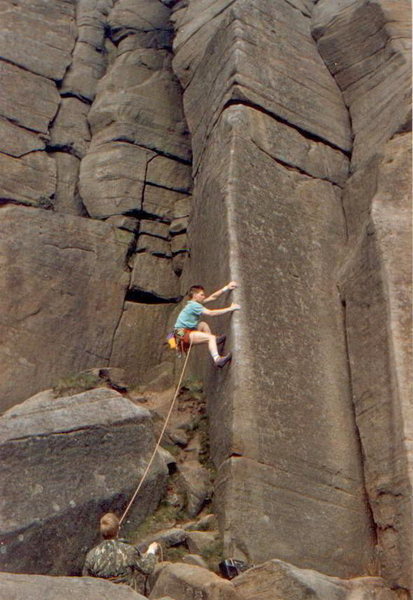 Leading Archangel back in June of 1987, my wrist is taped as I did fluff it and fall of about 15-20 ft up and managed to land OK between the boulders, I made it on this second attempt and a year later for a bet.