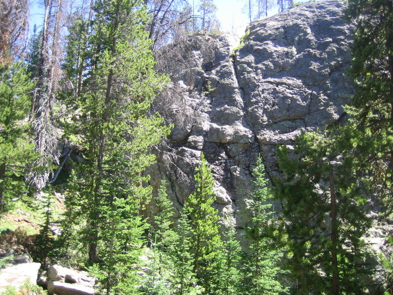 Left portion of the crag. Route 3 is about in center of photo, with anchors on either side of the gap at the top.