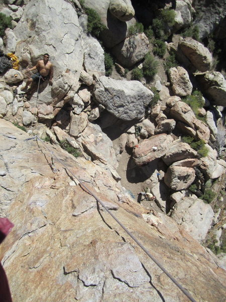 Looking down at featured holds - photo taken halfway up Bye Crackie.