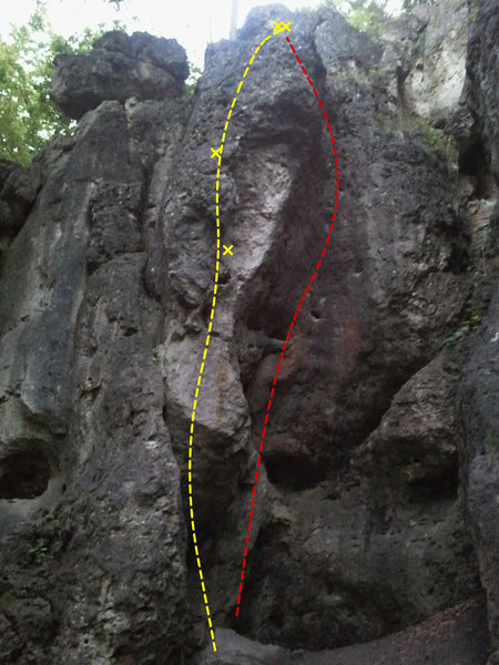 Athos is yellow and follows the arete. Völlig Schwerlos is the red line.