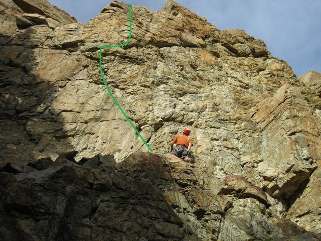 Pins and Knickers (at least how we did it) is marked in green. The climber is on Better than Bitter. Photo stolen and modified from Woodons post on the Better than Bitter page.