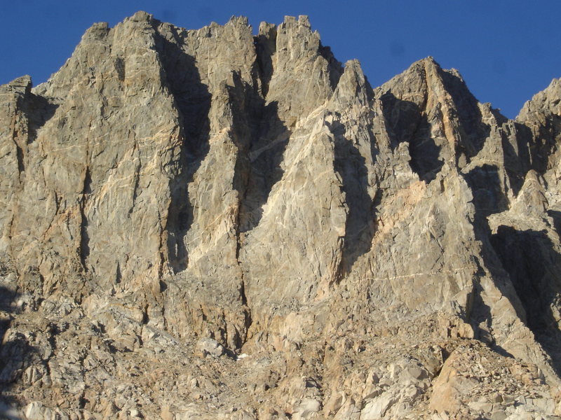 Mt. Winchell West Aretes. McKenzie's Arete is the right most ridge/arete with the two prominent towers.