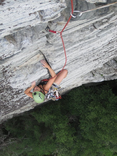 Elizabeth pulling some of the last moves on the crux pitch.