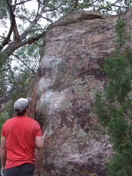 Arien checking out the Soggy Dog problem on the Gatekeeper Boulder.