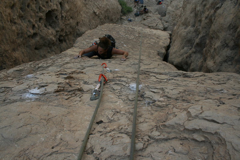 Photo by Brian Coones<br>
<br>
Alex Sims seconding the route.