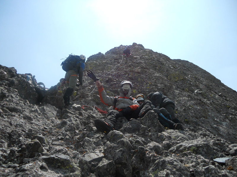 Bill Bjornstad leading the North Ridge of Crestone Needle - easy 5th class, 1 pitch, after hundreds of feet of 3rd and 4th class. Cobbles with some opportunities for small protection.