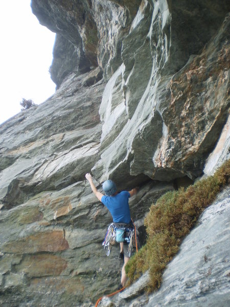 The route's crux roof.  Lots of fun and exposure.