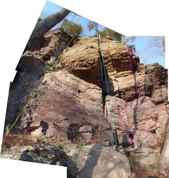 Compilation photo of Obnoxious Partner (purple), Dead Tree (blue), and Old Chimney (Yellow) Area.
