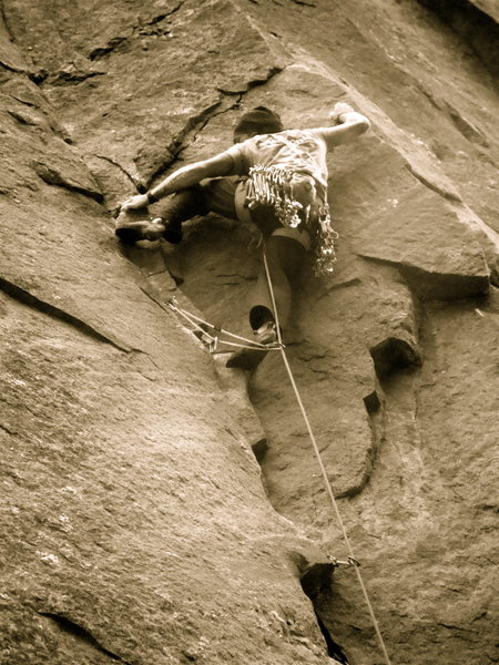 Moving into the blind arete move.