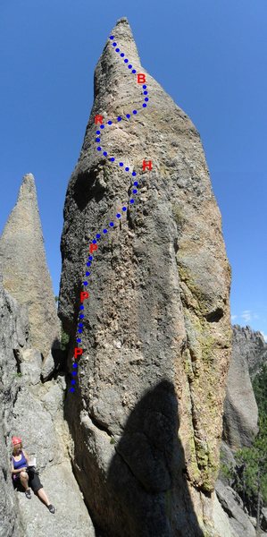 Cerberus Route with approximate location of the three pitons, the slingable horn, the ring bolt, and the bolt near the top