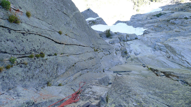 looking down P4 with other potential crack options in dihedral on on arete to the left