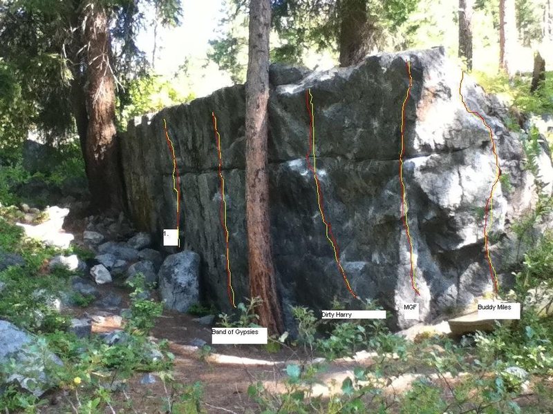 Machine Gun<br>
<br>
Five lines on the boulder. I don't know what people are calling the left most line if anything.