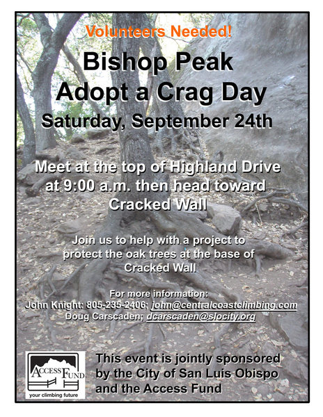 Adopt a Crag - Scheduled for Sat., Sept. 24th at 9am. Meet at the top of Highland.