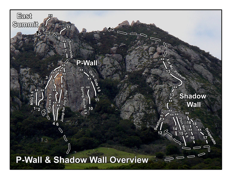 Overview of selected routes in the area around P-Wall & Shadow Wall. <br>
<br>
My friends recently had a heck of a time trying to find the upper portion of the Eat Mo' Possum Route. Hopefully this photo will help the next team that attempts it.