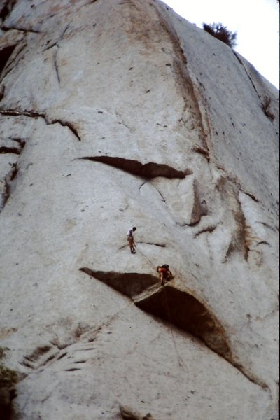 Bryce Thatcher follows the roof on pitch one of Dark Horse - probably 3rd ascent. 1980/81