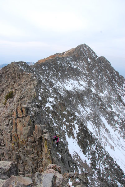 J. Percassi on the knife ridge looking back toward Spiller Peak at 13,123'. November 2009.