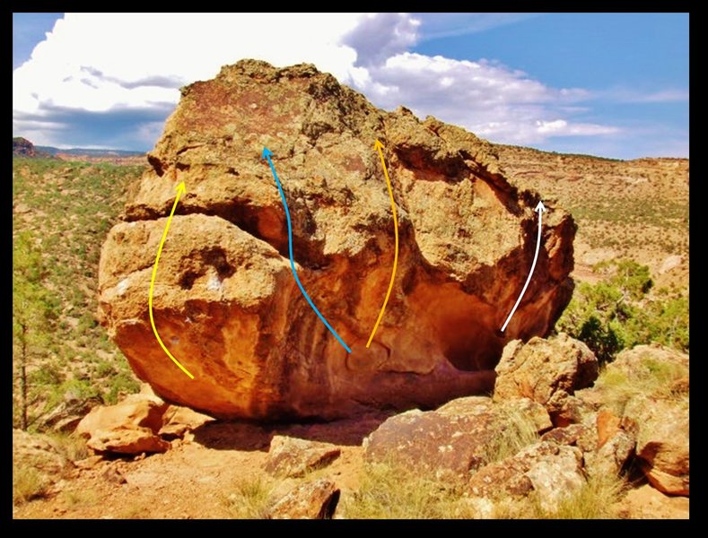 Gunslinger Rock; Gunslinger in yellow (V3), Noon Loon in blue (V2), Swill Merchant in orange (V1+), Putz in white (V0).