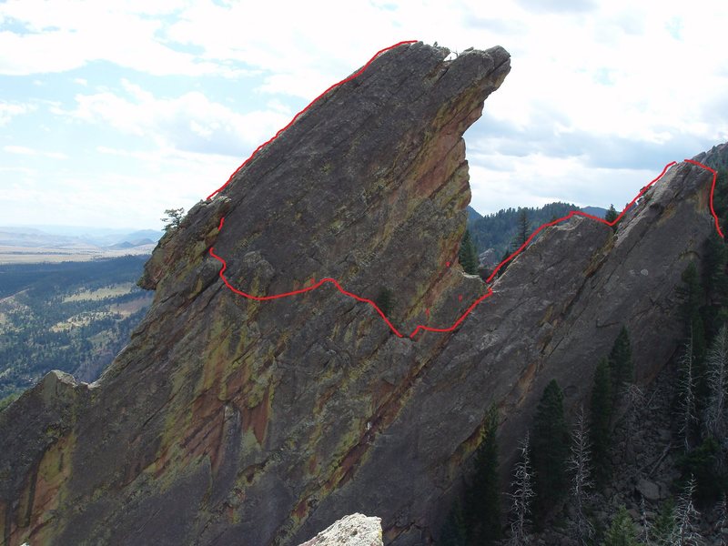 View of the 5.6 route. The "P"s are fixed pitons that can be used to back up the thrid pitch. Also, the X is a bolt; however, it is really old and sketchy.