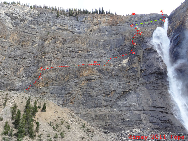 Photo topo - Ramey 2011<br>
Belay 3 is approximate since there are multiple stations, 3a and 4a are omitted for clarity. From station 2, just simul to 4a or 4 or scramble to the end of the rope and find the closest station as there are several to choose from.