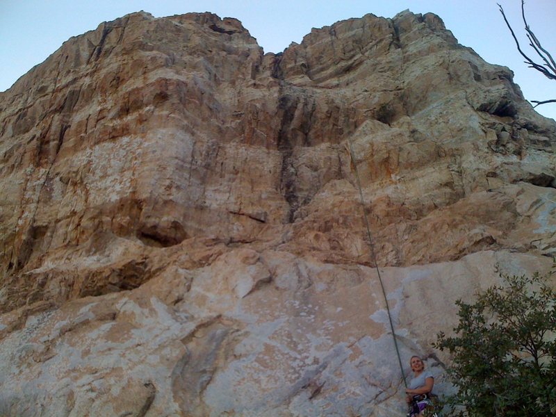 Nice shot of the right 1/3 of cave wall from Broken Dreams on left to Pali Gap on right. The rope is running up Divorce Therapy.
