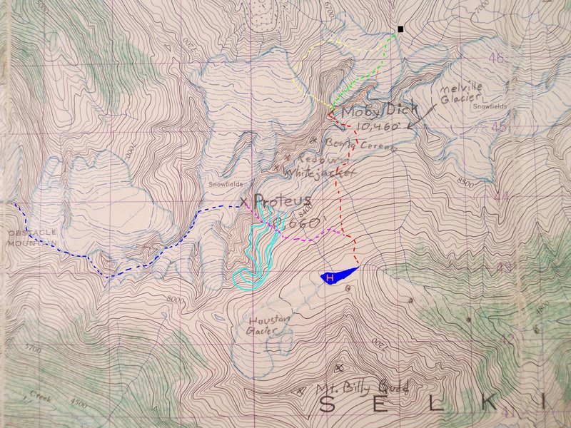MELVILLE GROUP<br>
1961 Westfall Map<br>
contour interval 100 feet<br>
1 km grid<br>
<br>
AHAB<br>
black box - Pequod Pass<br>
red - South Face Spur<br>
orange - Boomerang<br>
yellow - Oh no! Wall<br>
green - north glacier<br>
<br>
PROTEUS<br>
blue blob - Houston Lake<br>
lite blue - crevassed glacier<br>
blue - 1947<br>
violet - Tempus Fugit<br>
<br>
lite blue - glacier<br>
dark blue - Houston Lk