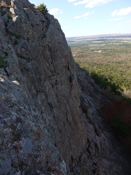 An unknown climber on High Anxiety, Mt. Scott, Wichita Mountains, OK, Sept. 2011